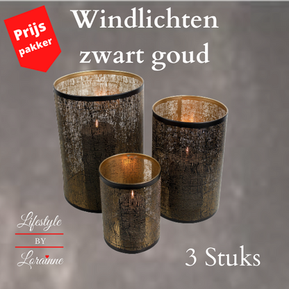 Windlichten zwart goud (set van 3)