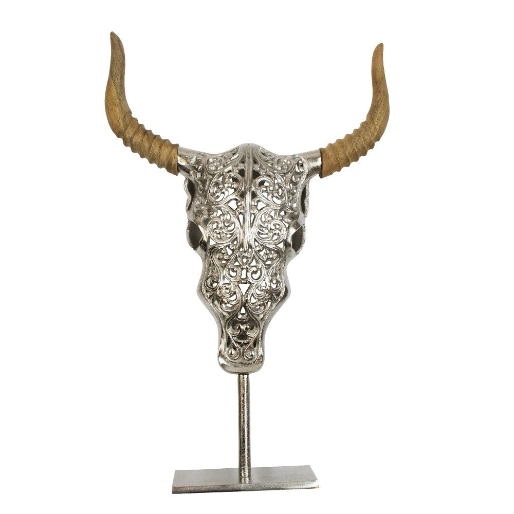 Schedel stier Aluminium op standaard 40cm