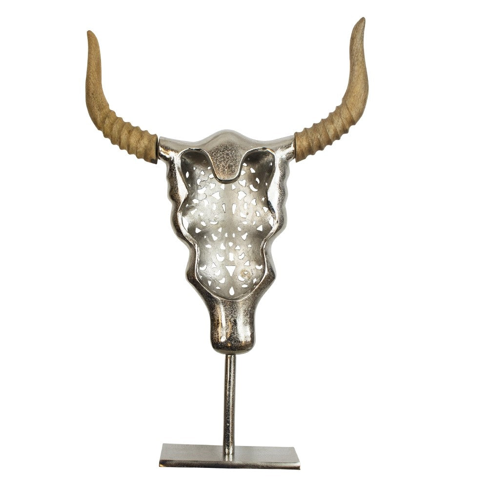 Schedel stier Aluminium op standaard 40cm